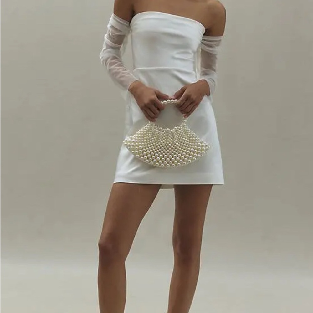 BHLDN Strapless White Dress with Sheer Sleeves